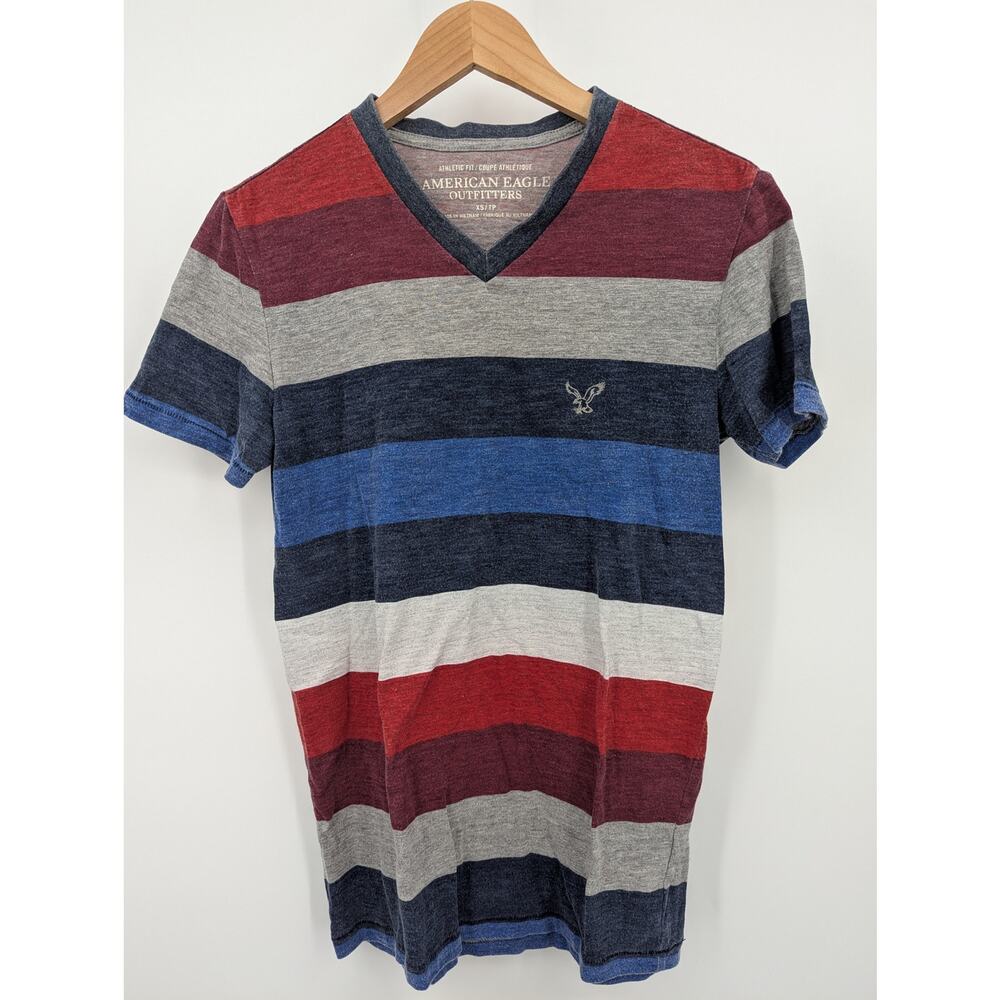 American Eagle Outfitters Men’s V-Neck Striped Tee XS Athletic Fit Gray Blue Red
